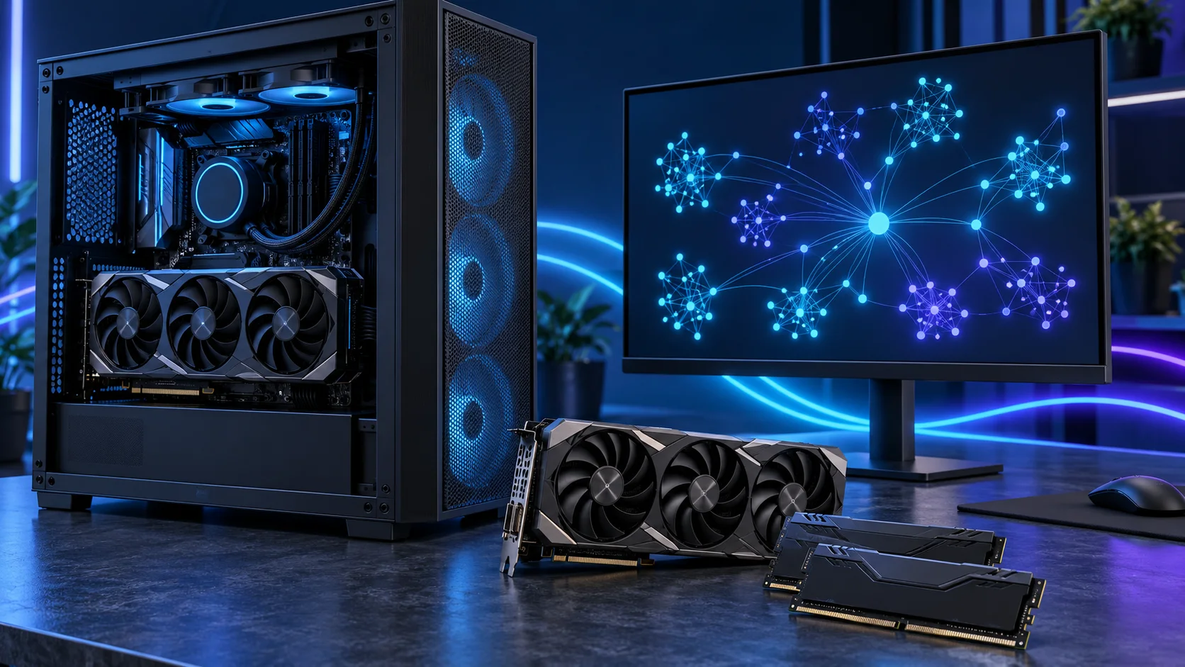 Illustration of a local AI PC setup with blue and violet lighting