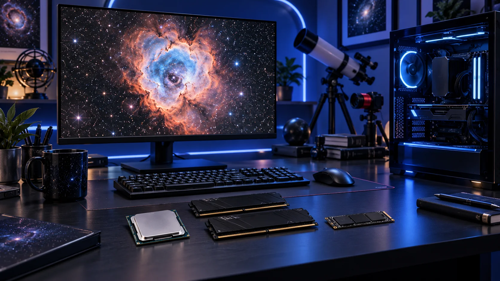 Illustration of a astrophotography processing PC setup with blue and violet lighting