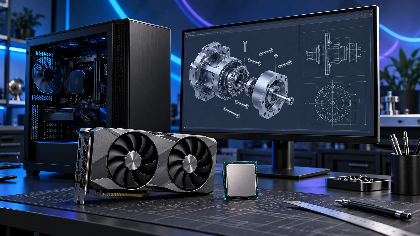 Illustration of a CAD engineering PC setup with blue and violet lighting