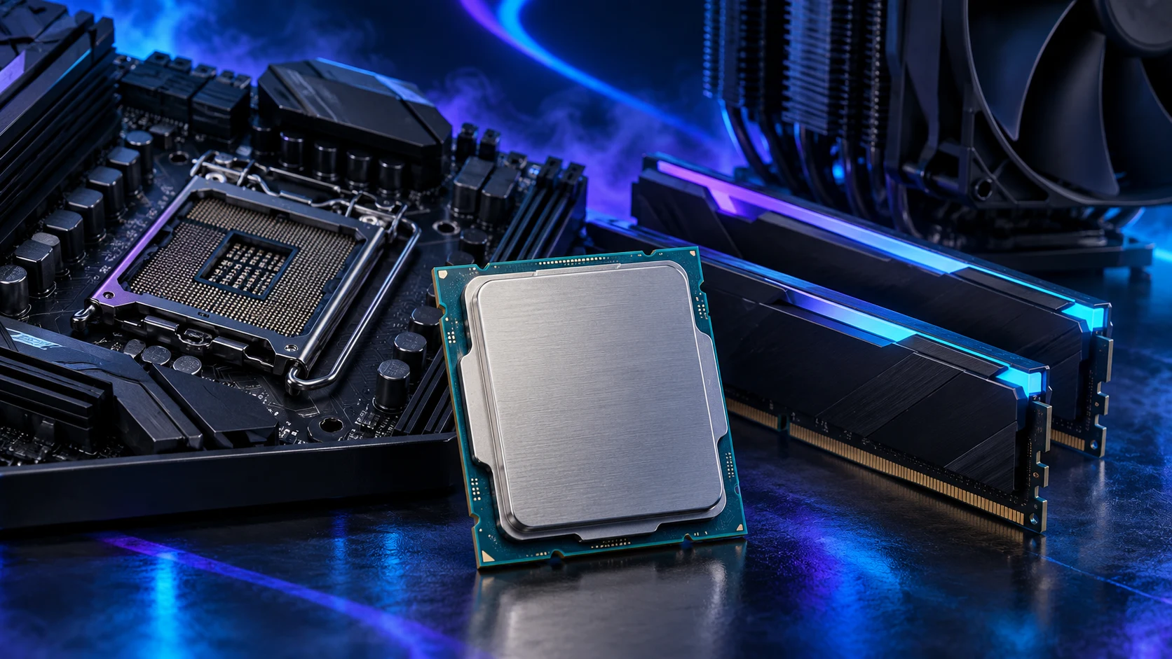 Photorealistic illustration of a desktop processor, motherboard socket, memory and tower cooler with blue and violet studio lighting.