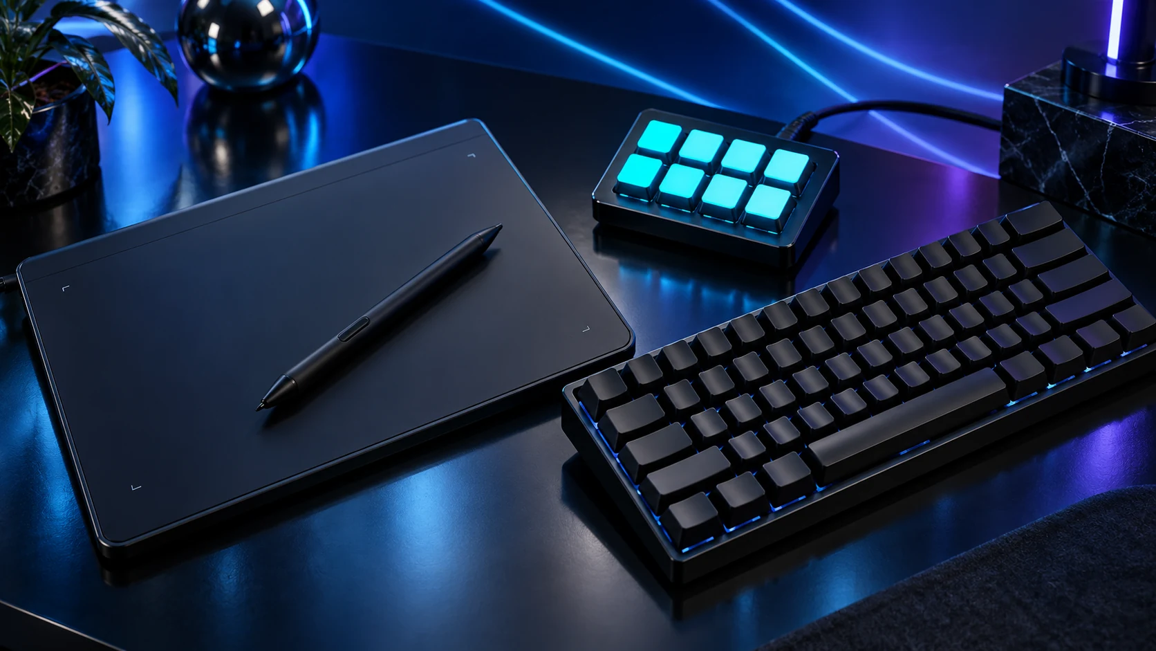Illustration of a drawing tablet, stylus, macro pad and keyboard