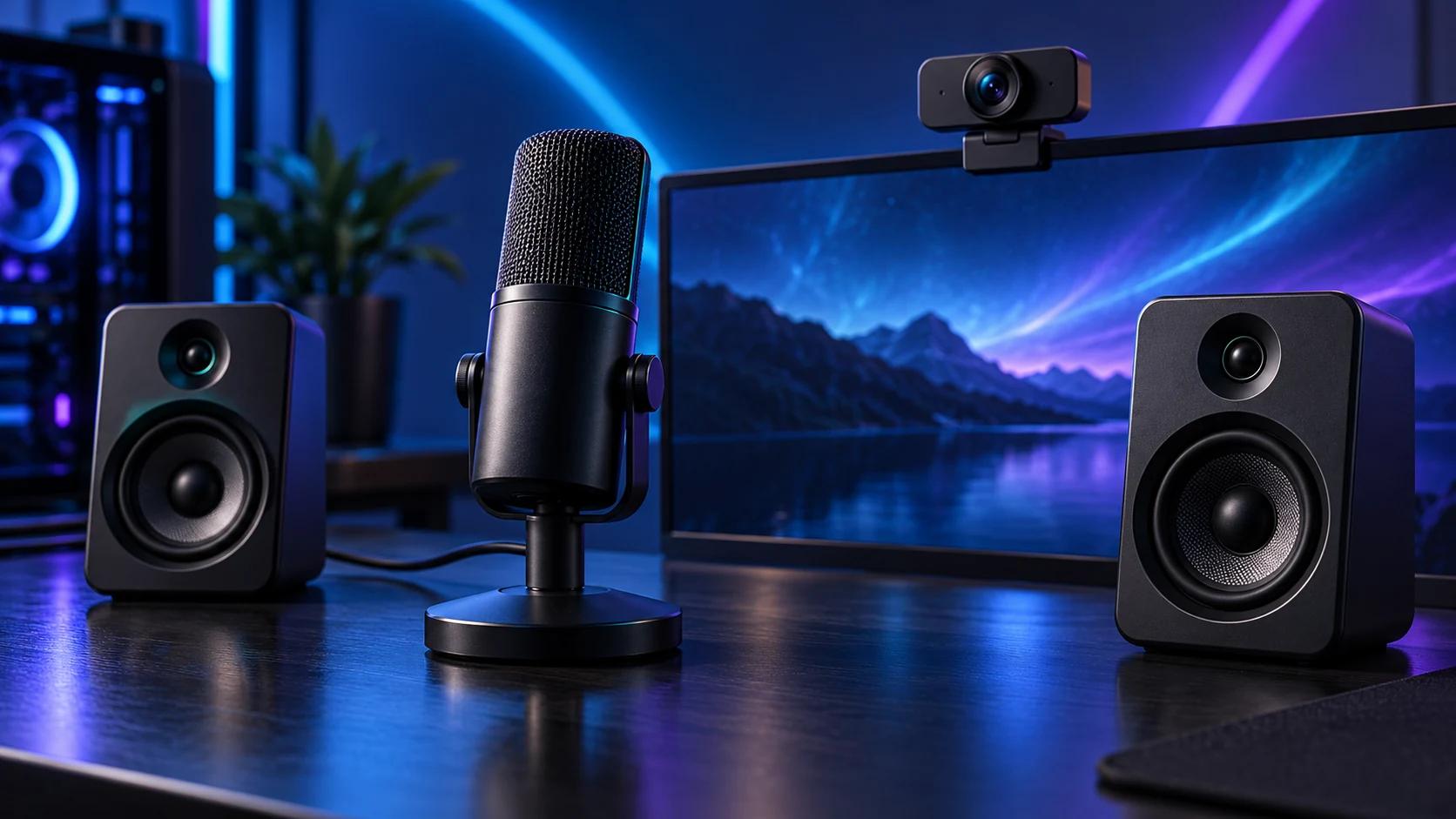 Illustration of a desktop microphone, webcam and speakers