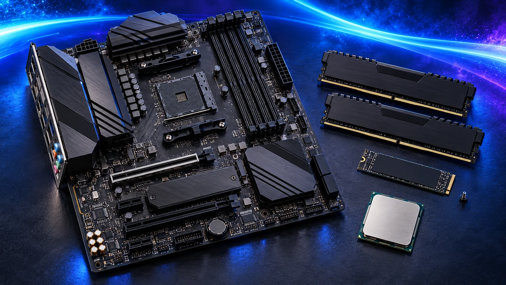 Photorealistic illustration of a motherboard, processor, two black RAM modules and M.2 SSD arranged on a blue-lit workbench.