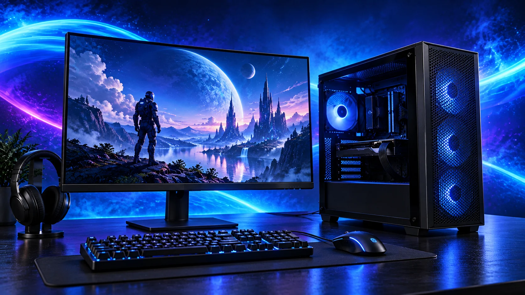Photorealistic illustration of a gaming monitor, mesh-front PC, keyboard, mouse and headset with a blue and violet background.