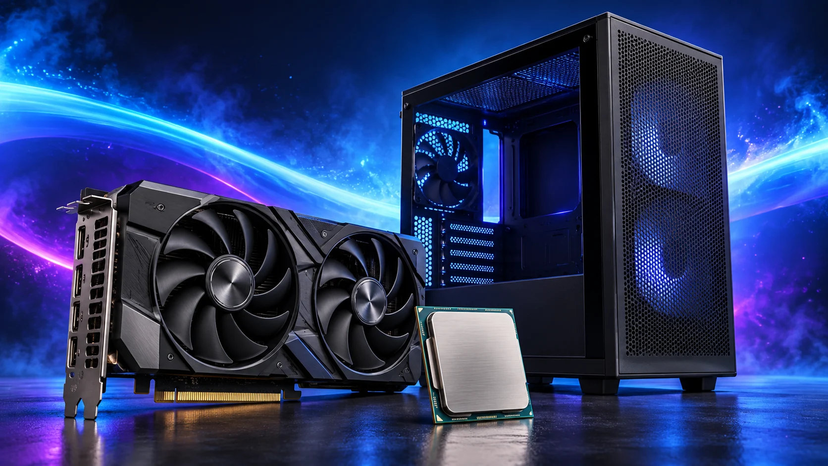 Photorealistic illustration of a dual-fan graphics card, desktop processor and airflow PC case against blue and cyan light trails.