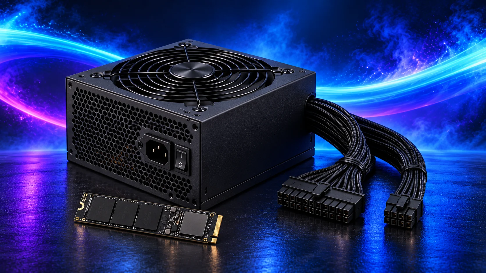 Photorealistic illustration of a black fixed-cable power supply and M.2 SSD on a dark surface with cyan and violet light trails.