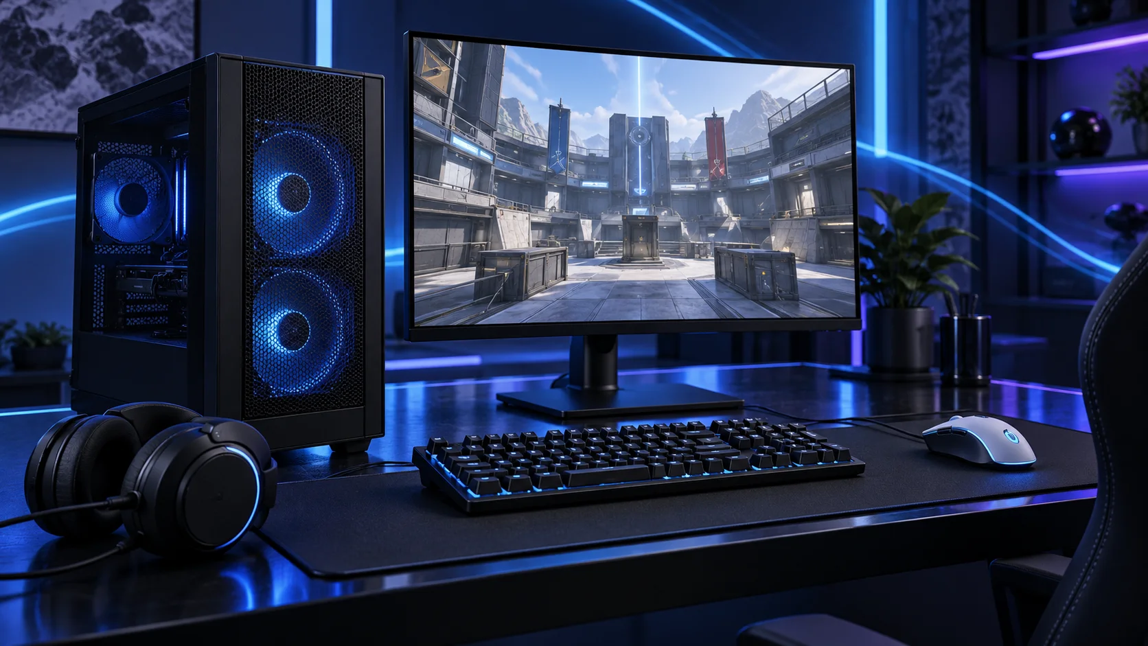 Illustration of a competitive gaming PC setup with blue and violet lighting