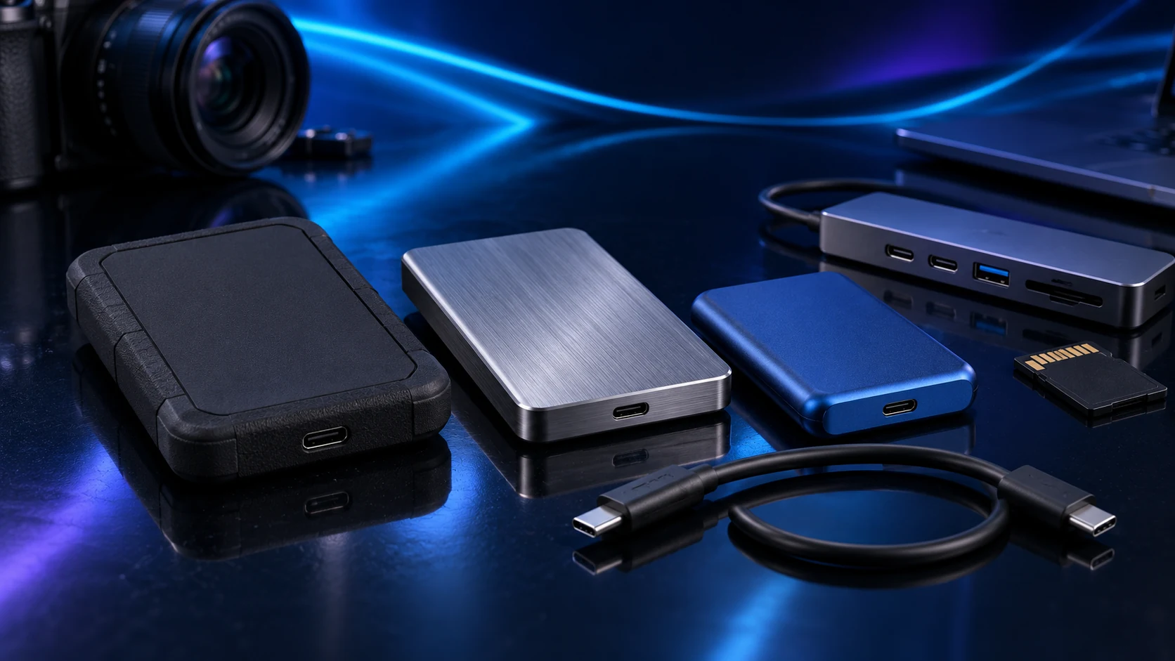 Illustration of portable SSDs, USB-C hub and memory card