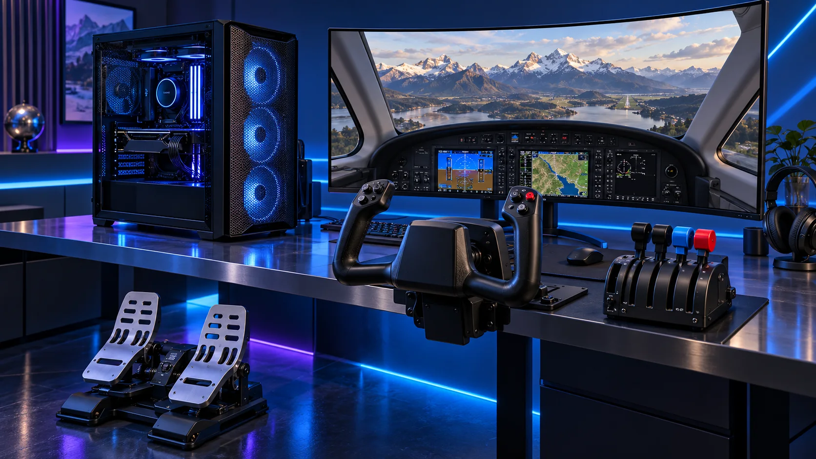Illustration of a flight simulation PC setup with blue and violet lighting