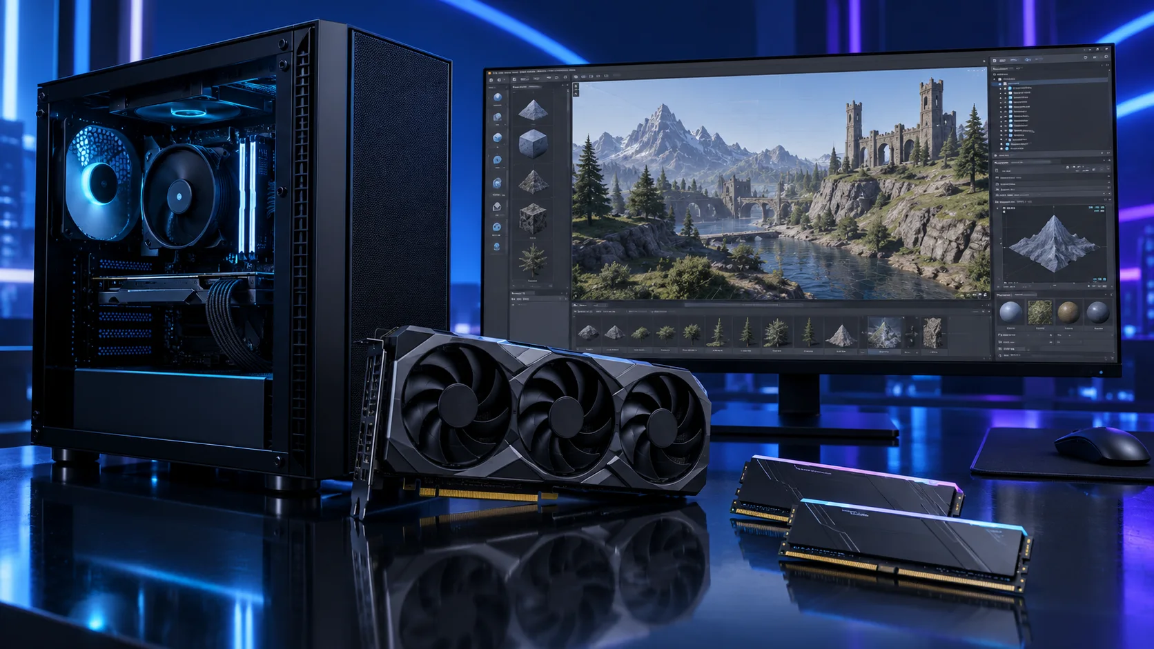 Illustration of a game development PC setup with blue and violet lighting