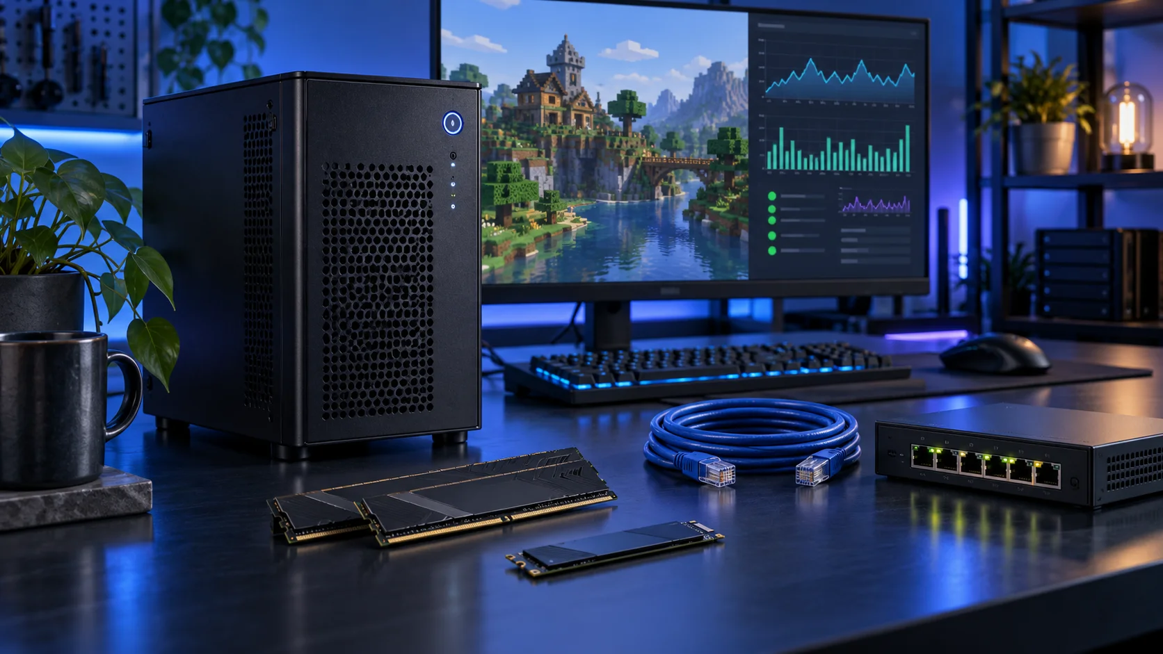 Illustration of a home game server PC setup with blue and violet lighting