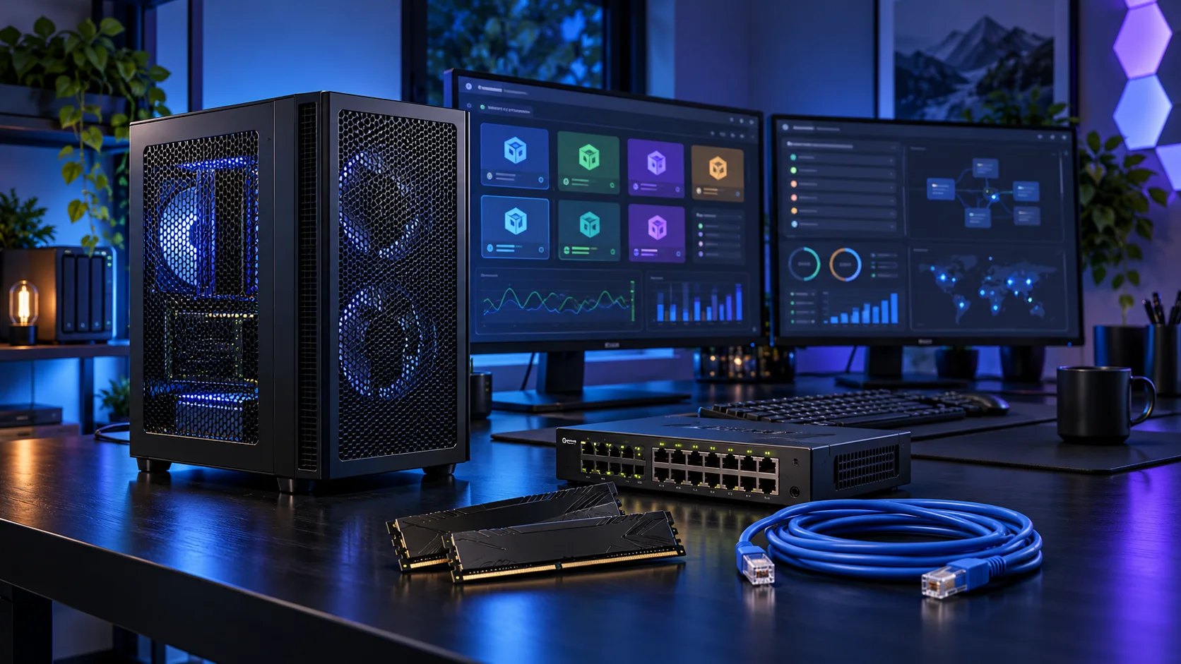Illustration of a virtualisation home lab PC setup with blue and violet lighting
