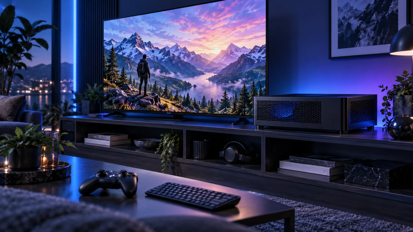 Illustration of a living-room gaming PC setup with blue and violet lighting