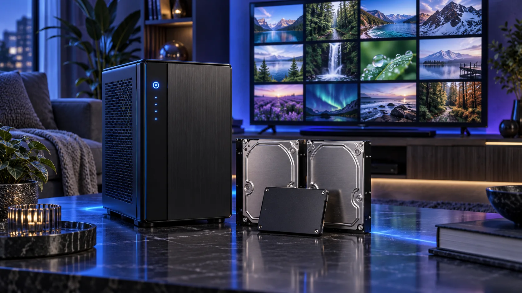 Illustration of a home media server PC setup with blue and violet lighting