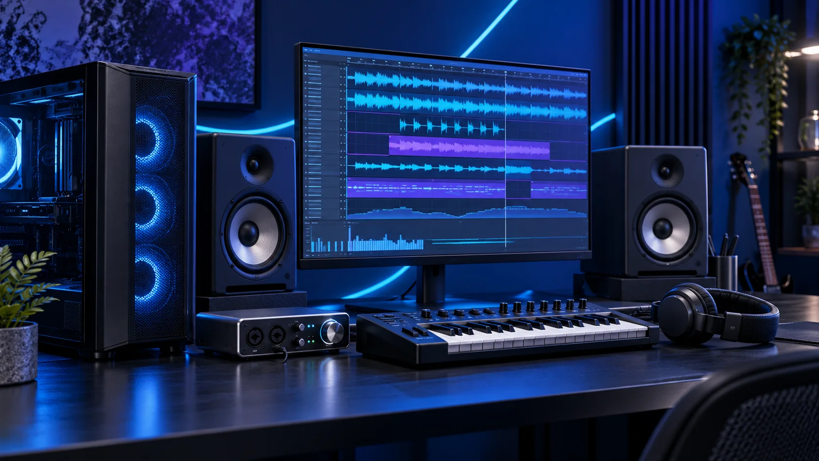Illustration of a home music production PC setup with blue and violet lighting