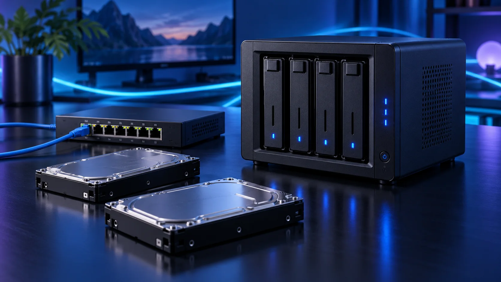 Illustration of a home NAS PC setup with blue and violet lighting
