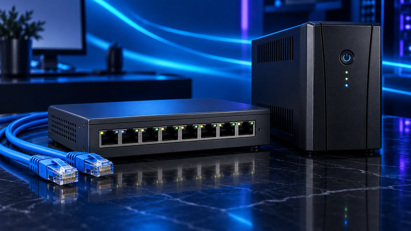 Illustration of an Ethernet switch, patch cables and UPS on a blue background