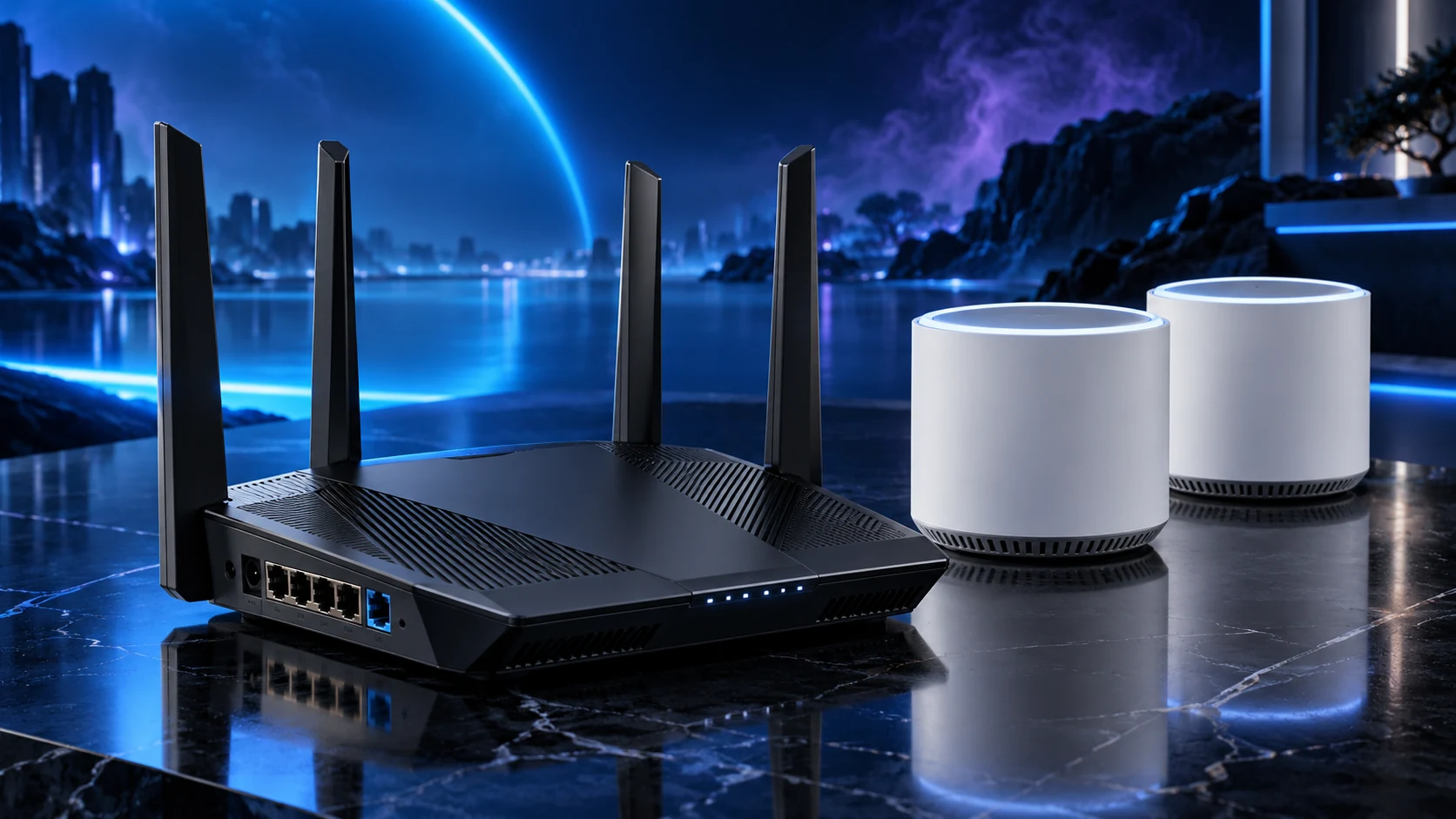 Illustration of a Wi-Fi router and mesh nodes on a blue and violet background