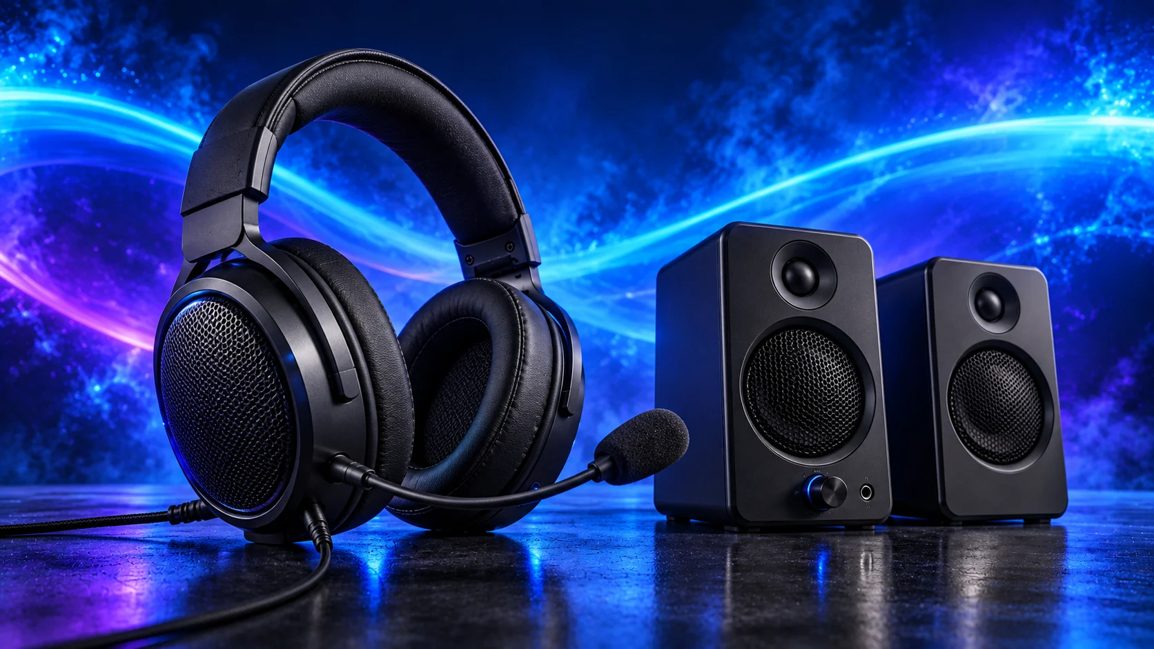 Photorealistic illustration of a wired gaming headset and desktop speakers against a navy, cyan and violet background.
