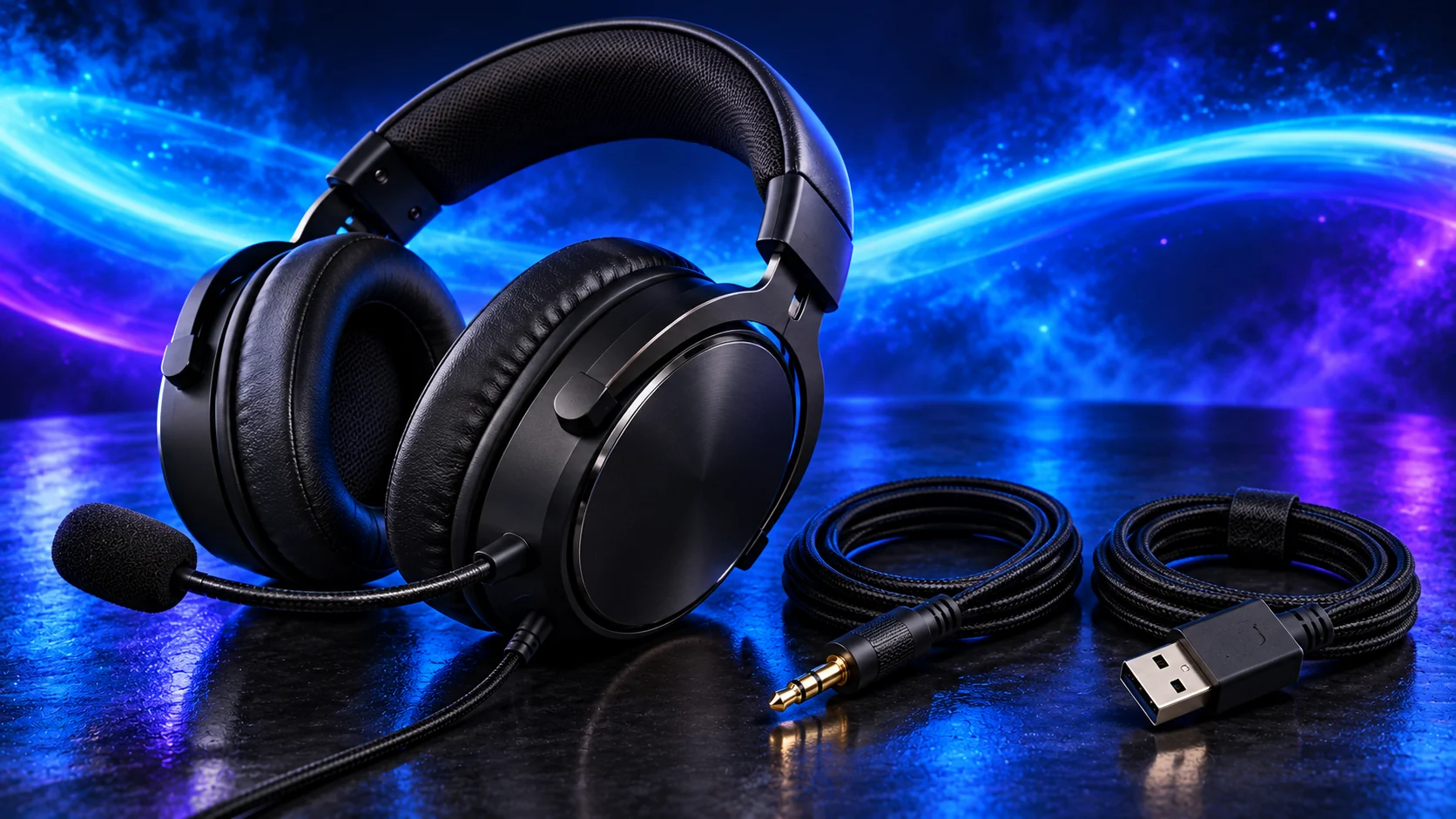 Photorealistic illustration of a gaming headset with 3.5mm audio and USB connections against a navy, cyan and violet background.