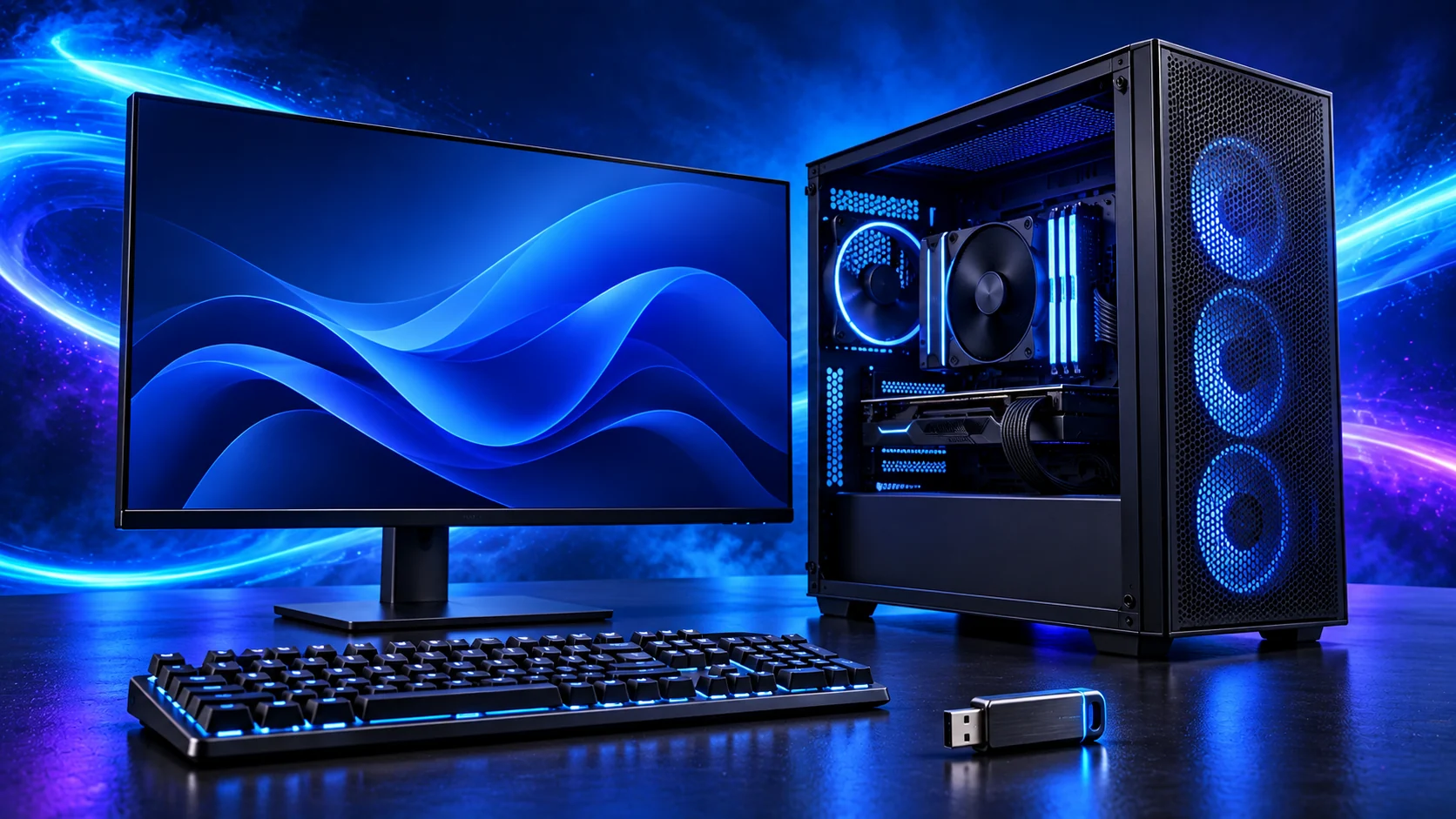 Photorealistic illustration of a desktop PC, monitor and USB drive ready for software setup against a navy, cyan and violet background.