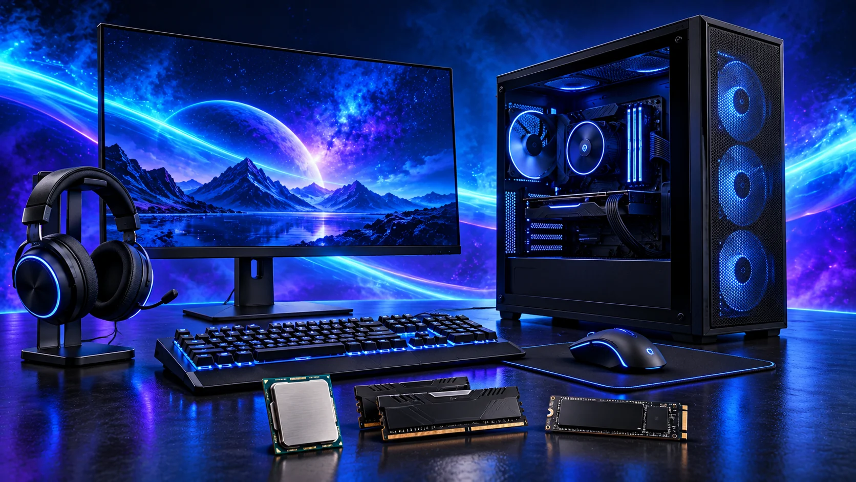 Photorealistic illustration of a complete gaming setup with its core hardware against a navy, cyan and violet background.