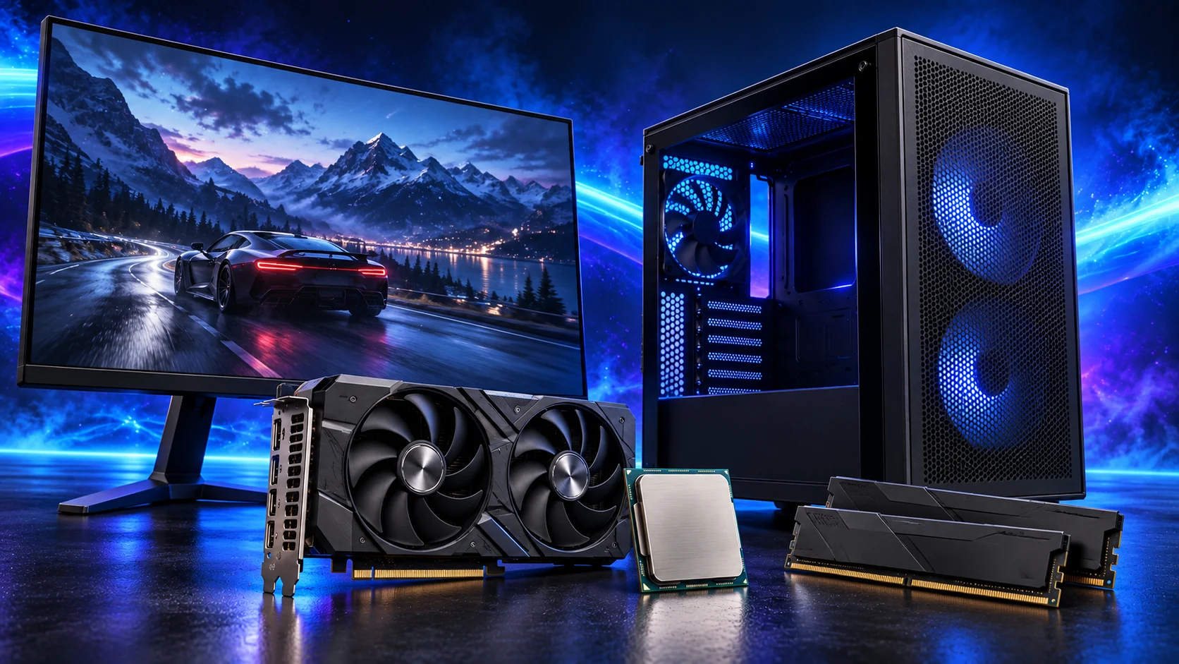 Photorealistic illustration of a balanced gaming PC, graphics card, processor, memory and monitor against a navy, cyan and violet background.