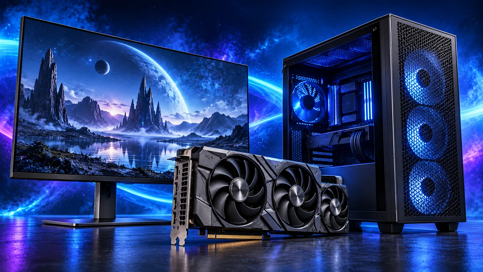 Photorealistic illustration of a large gaming PC, three-fan graphics card and widescreen monitor against a navy, cyan and violet background.