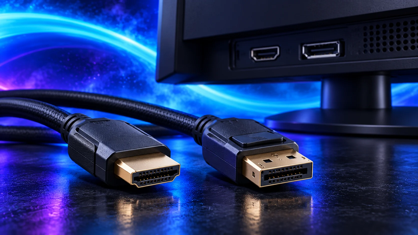 Photorealistic illustration of HDMI and DisplayPort cables beside a monitor against a navy, cyan and violet background.
