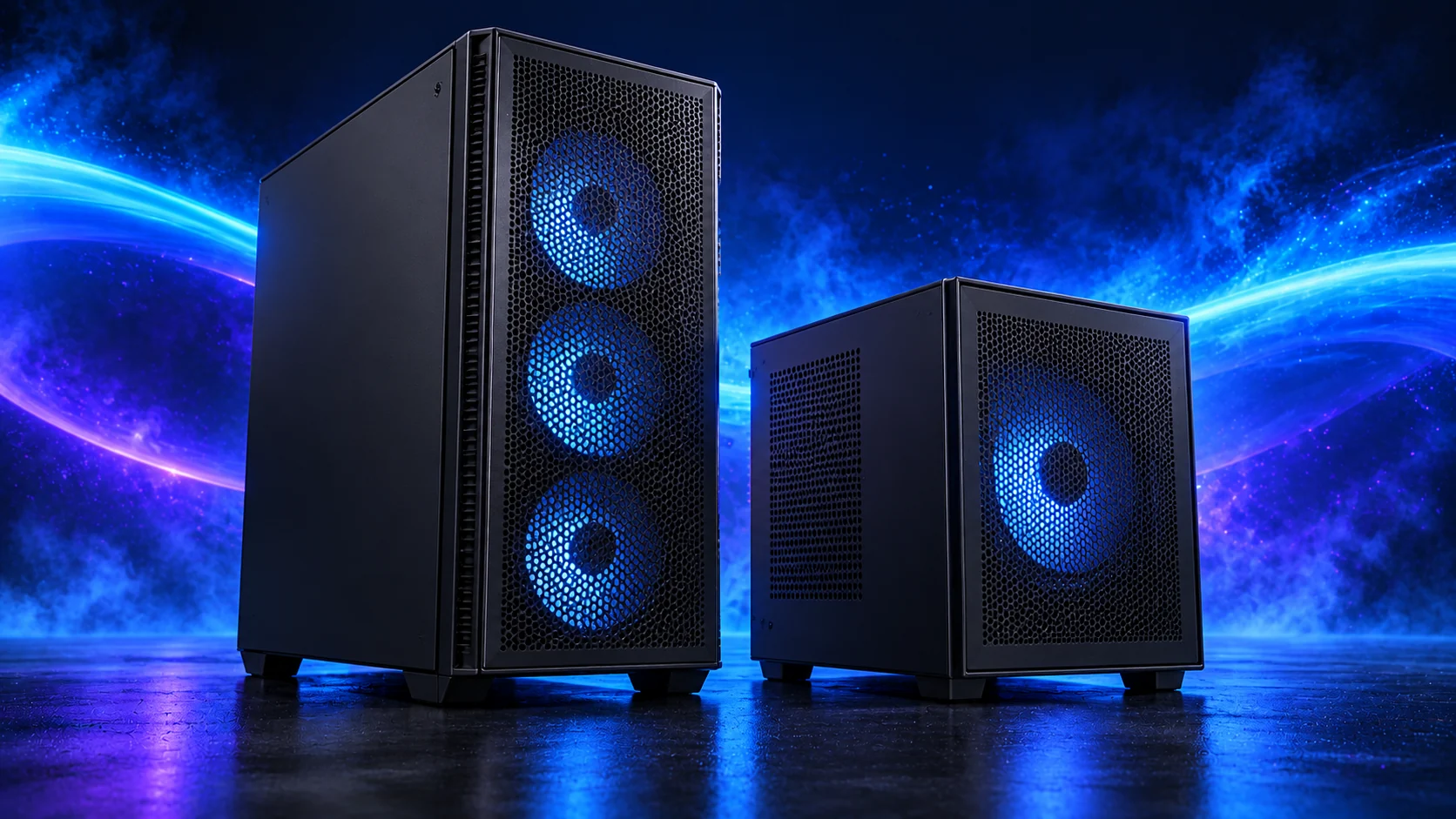 Photorealistic illustration of a standard mesh tower and a compact PC case against a navy, cyan and violet background.