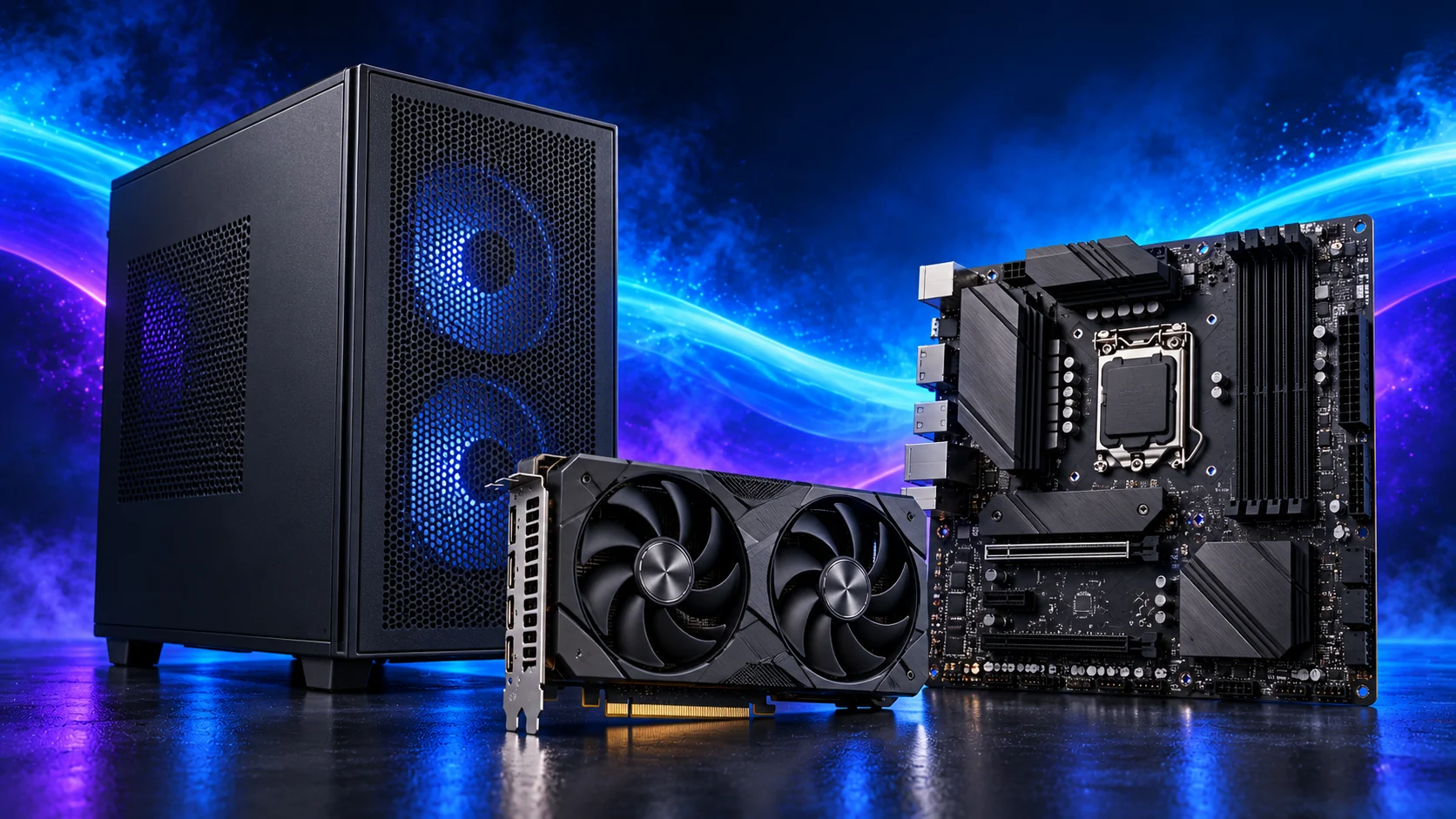 Photorealistic illustration of a compact mesh micro-ATX case, graphics card and motherboard against a navy, cyan and violet background.