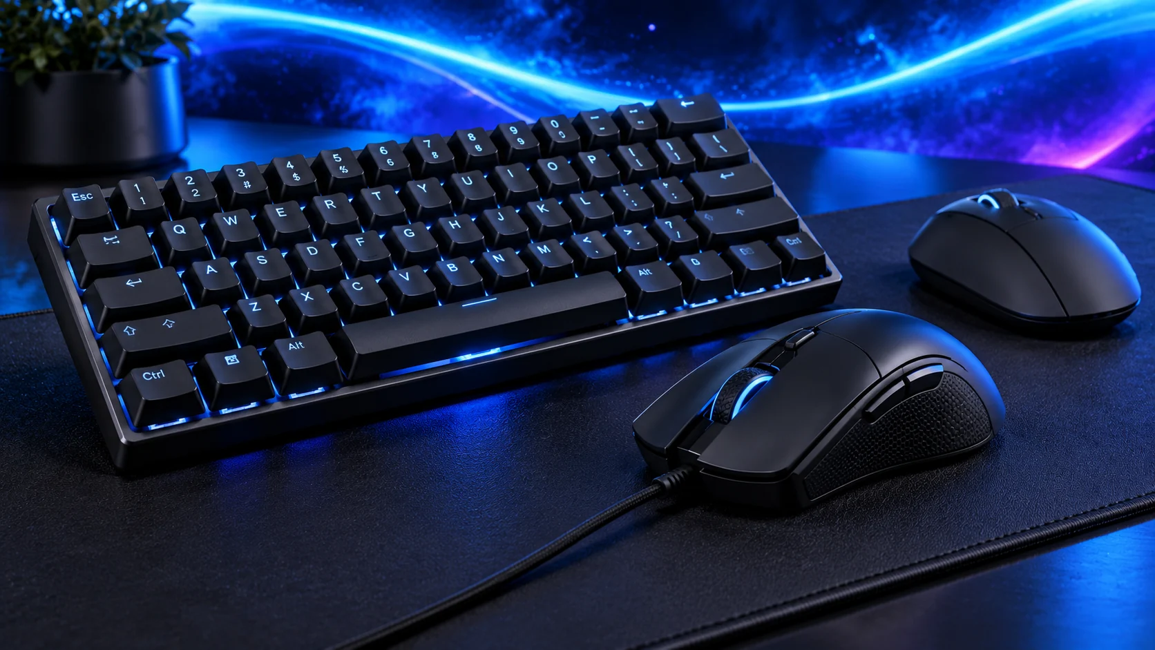 Photorealistic illustration of a gaming keyboard and two mice on a desk mat against a navy, cyan and violet background.