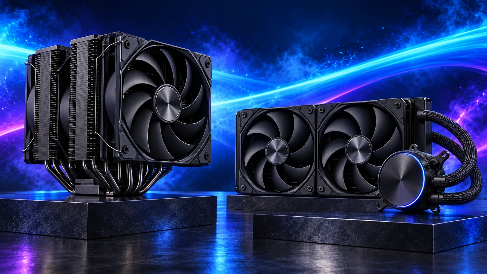 Photorealistic illustration of an air CPU cooler and a liquid cooling radiator against a navy, cyan and violet background.