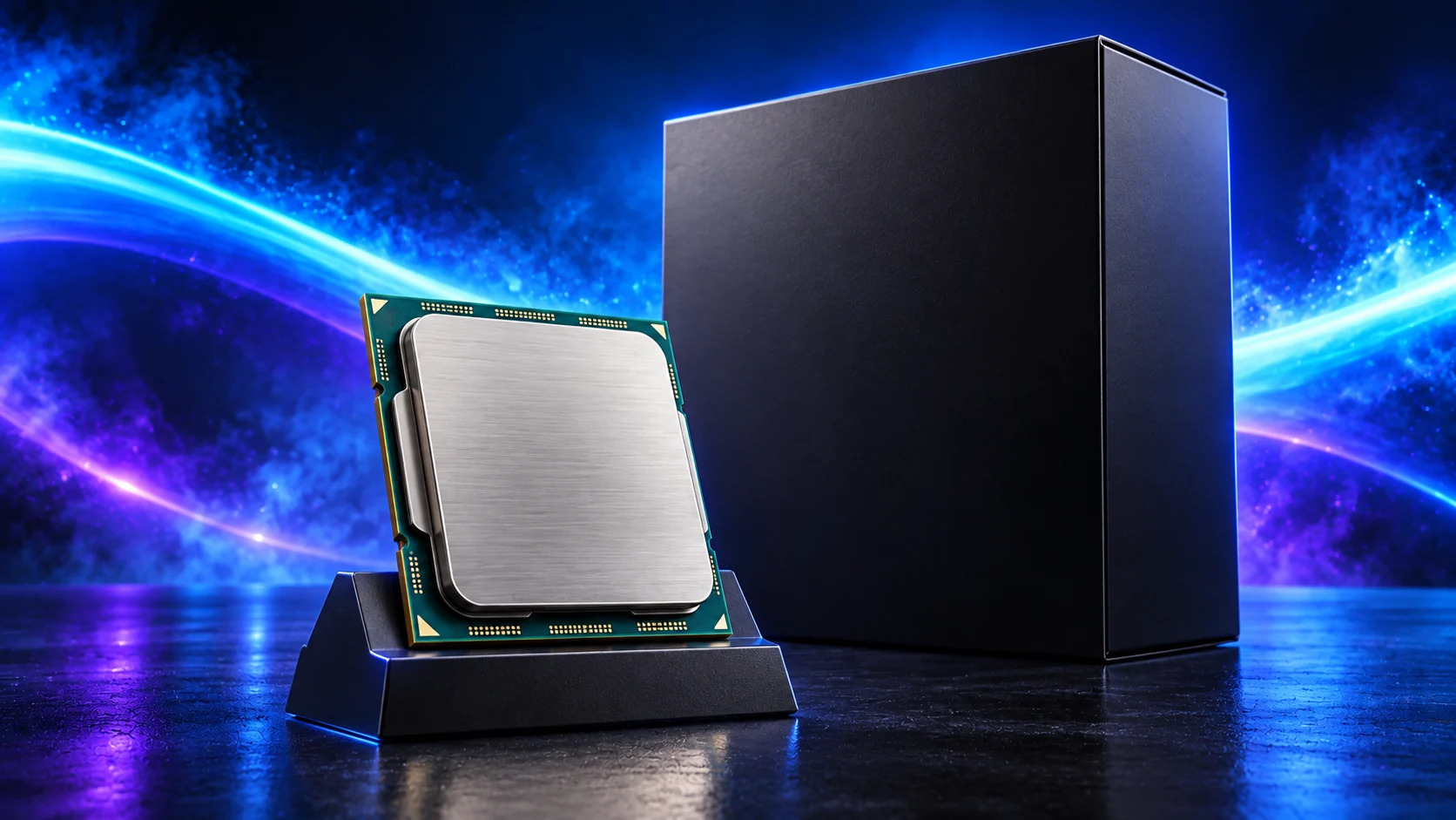 Photorealistic illustration of a desktop processor with a silver heat spreader against a navy, cyan and violet background.