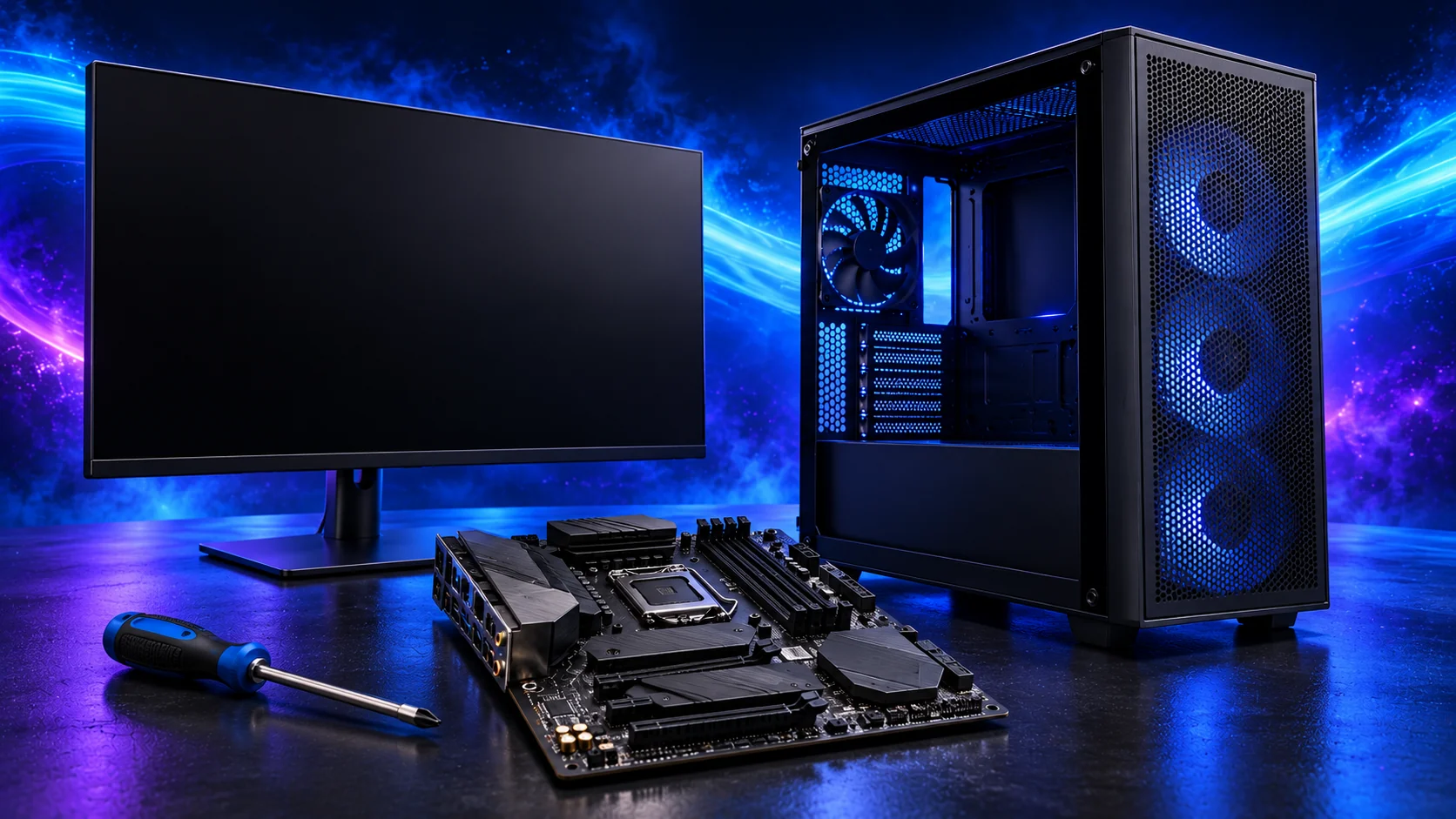 Photorealistic illustration of a desktop PC and dark monitor beside tools and a motherboard against a navy, cyan and violet background.