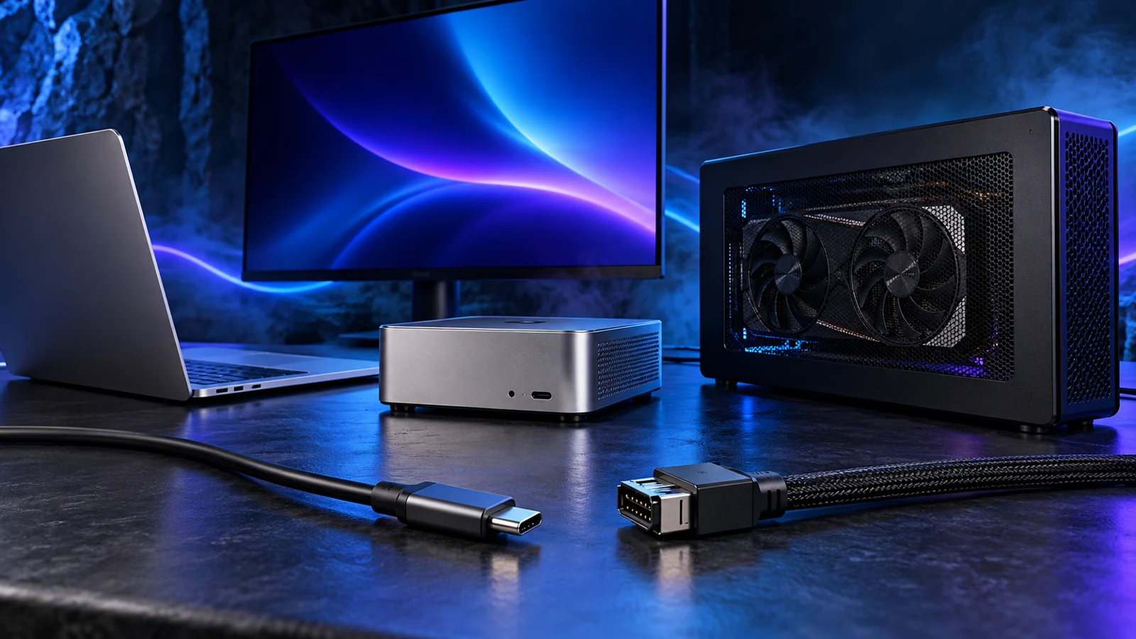 Generic editorial illustration of a mini PC, laptop and external graphics enclosure with disconnected data cables