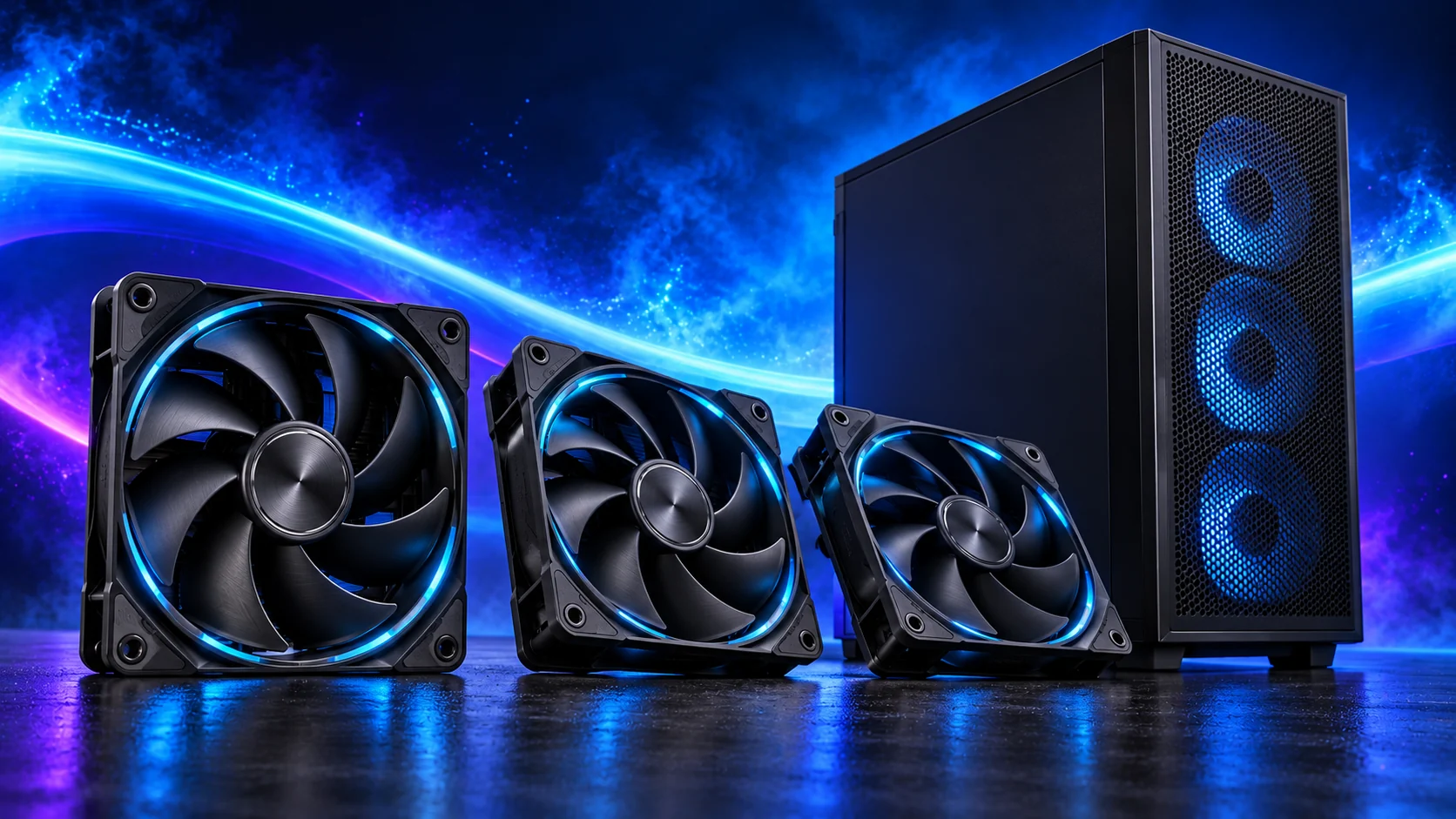 Photorealistic illustration of three case fans beside a mesh PC case against a navy, cyan and violet background.