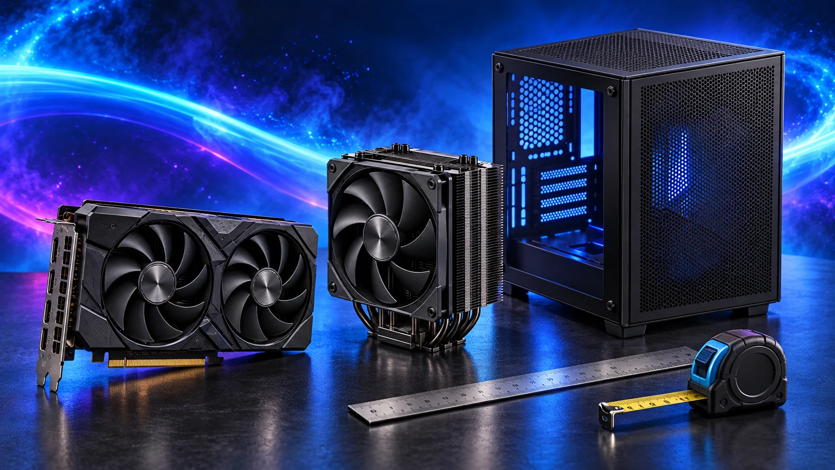 Photorealistic illustration of a graphics card, cooler and PC case beside measuring tools against a navy, cyan and violet background.