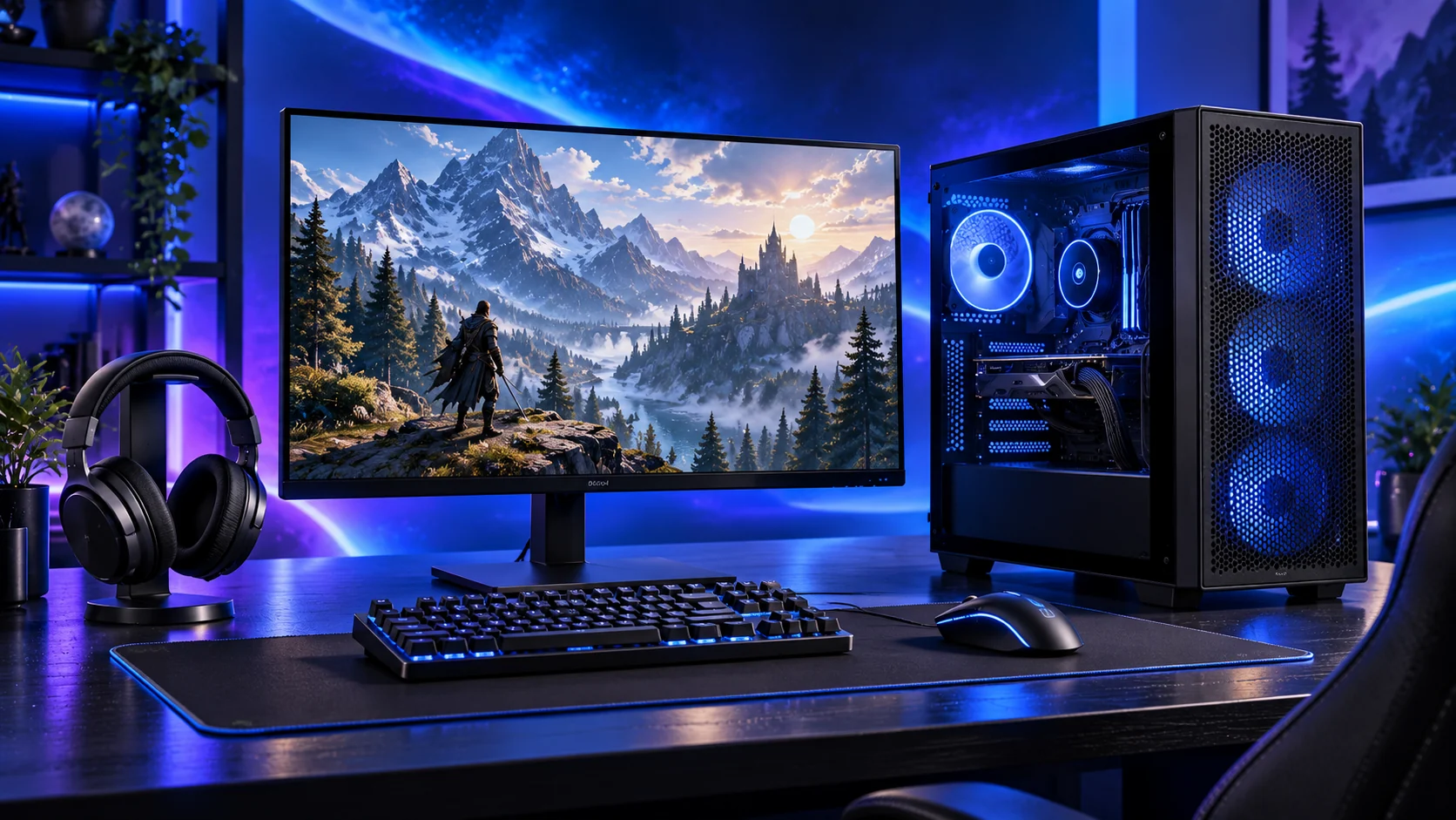 Photorealistic illustration of a gaming PC, monitor, keyboard, mouse and headset on a desk against a navy, cyan and violet background.