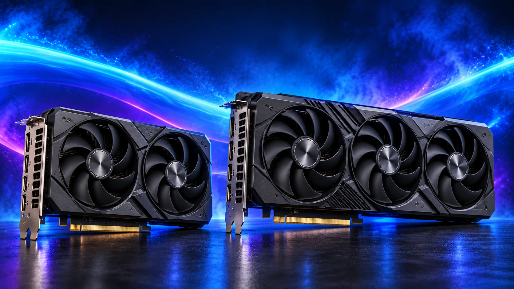 Photorealistic illustration of a dual-fan and a three-fan graphics card against a navy, cyan and violet background.
