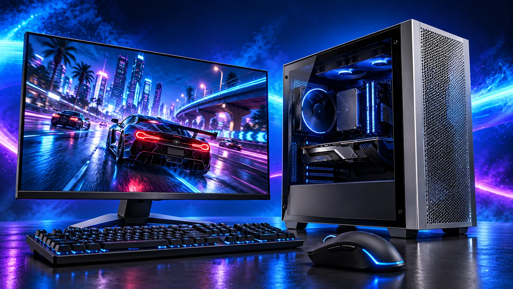 Photorealistic illustration of a gaming PC, monitor showing a racing scene, keyboard and mouse against a navy, cyan and violet background.