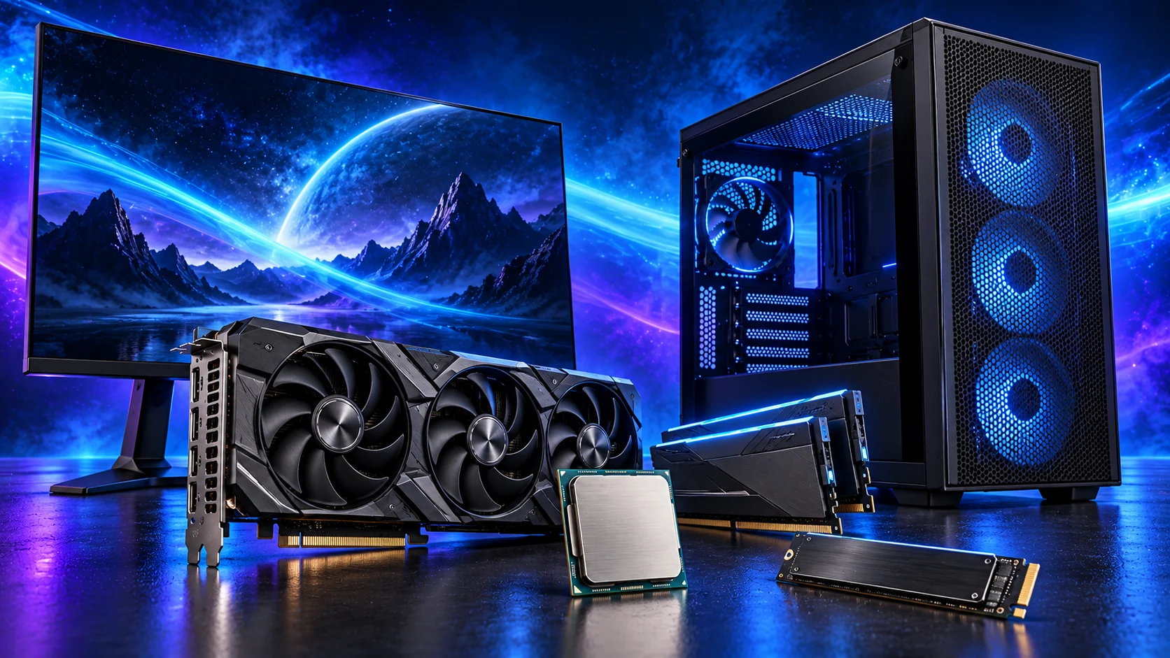 Photorealistic illustration of a gaming PC, graphics card, processor, memory, SSD and monitor against a navy, cyan and violet background.
