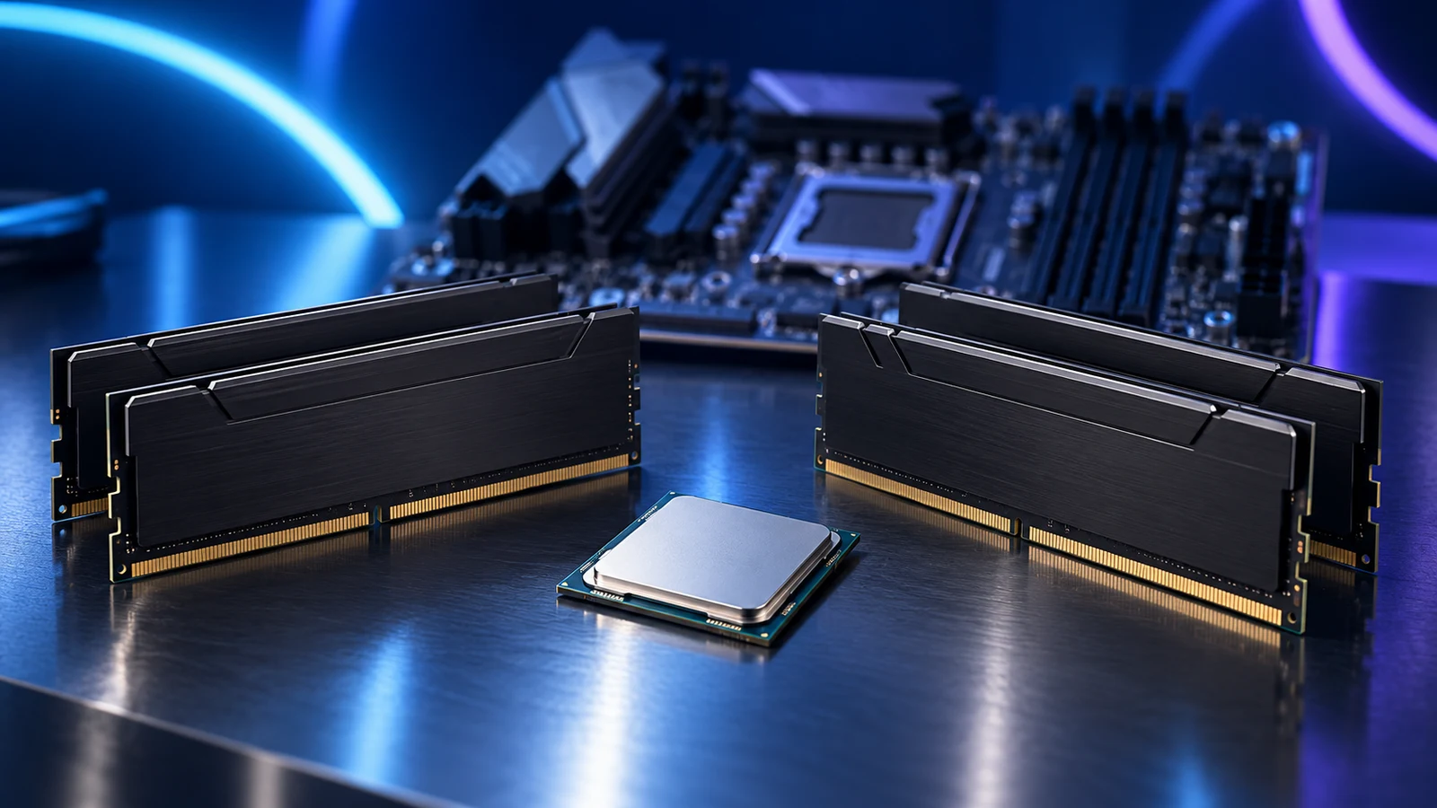 Editorial illustration of two pairs of desktop memory modules and a processor on a cyan-lit workbench
