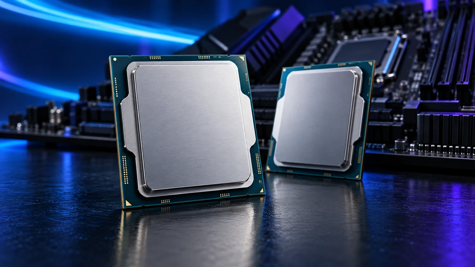 Editorial illustration of two unbranded desktop processors beside a motherboard in blue and violet light