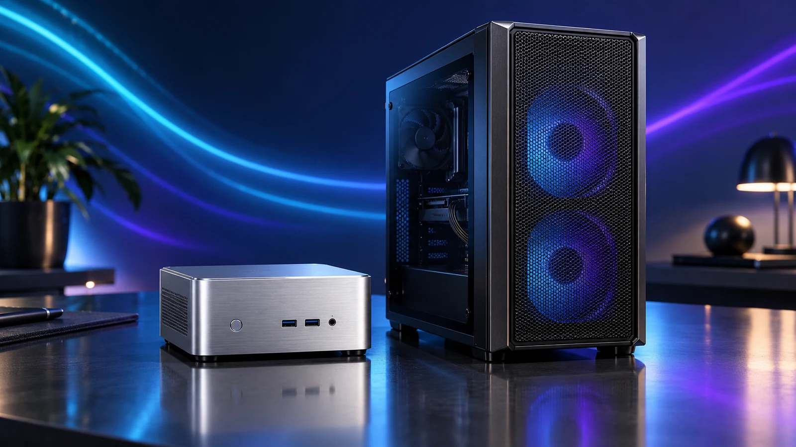 Illustration comparing a small silver mini PC with a compact mesh-front desktop tower
