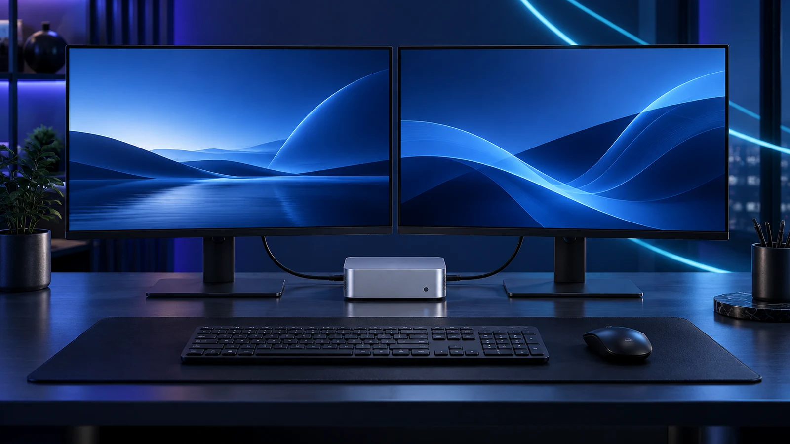 Illustrated mini PC connected to two desktop monitors in a cyan-lit workspace