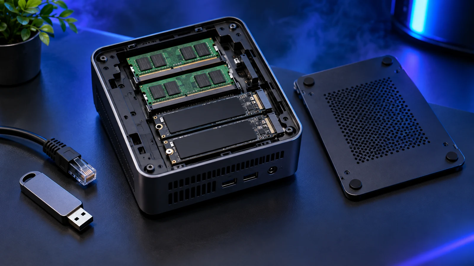 Generic editorial illustration of a mini PC service cover removed to show memory and SSD positions beside an Ethernet cable and USB stick