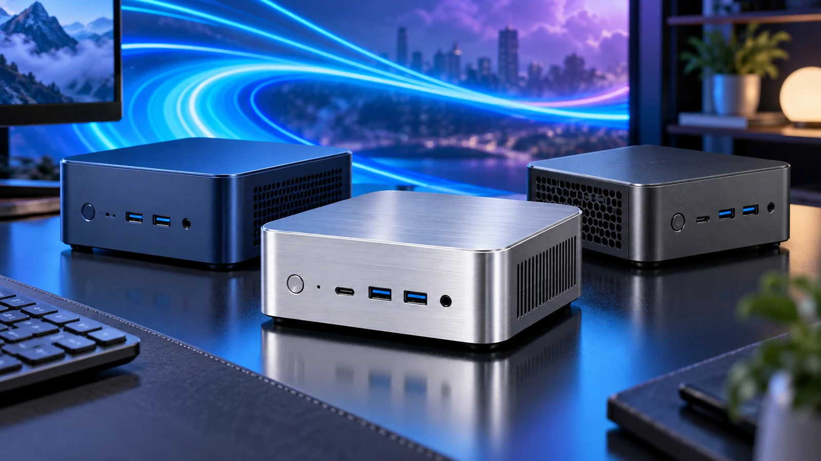 Illustration of three compact mini PCs on a blue and violet illuminated desk