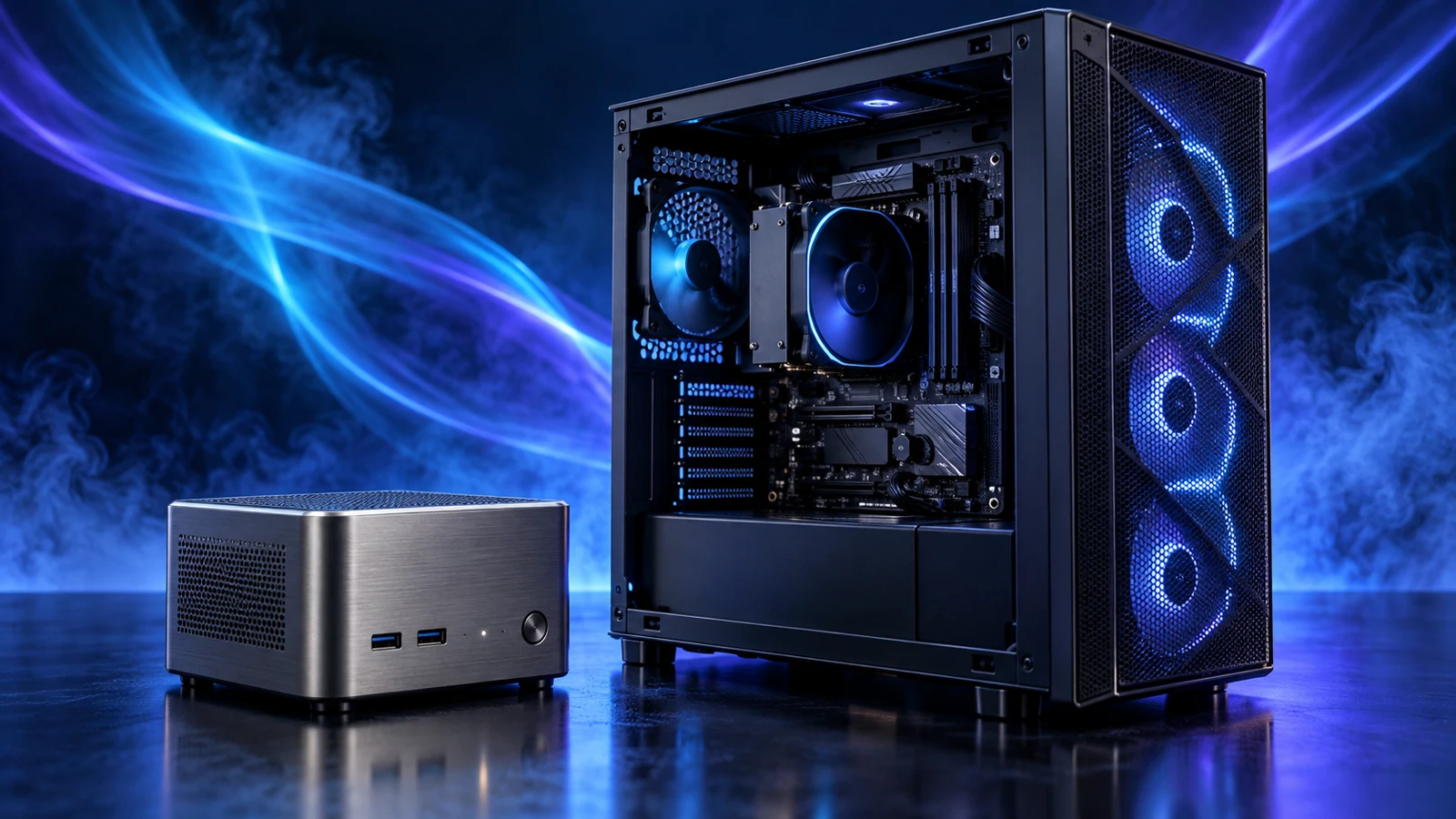 Editorial illustration comparing an unbranded compact mini PC with an expandable home-lab tower