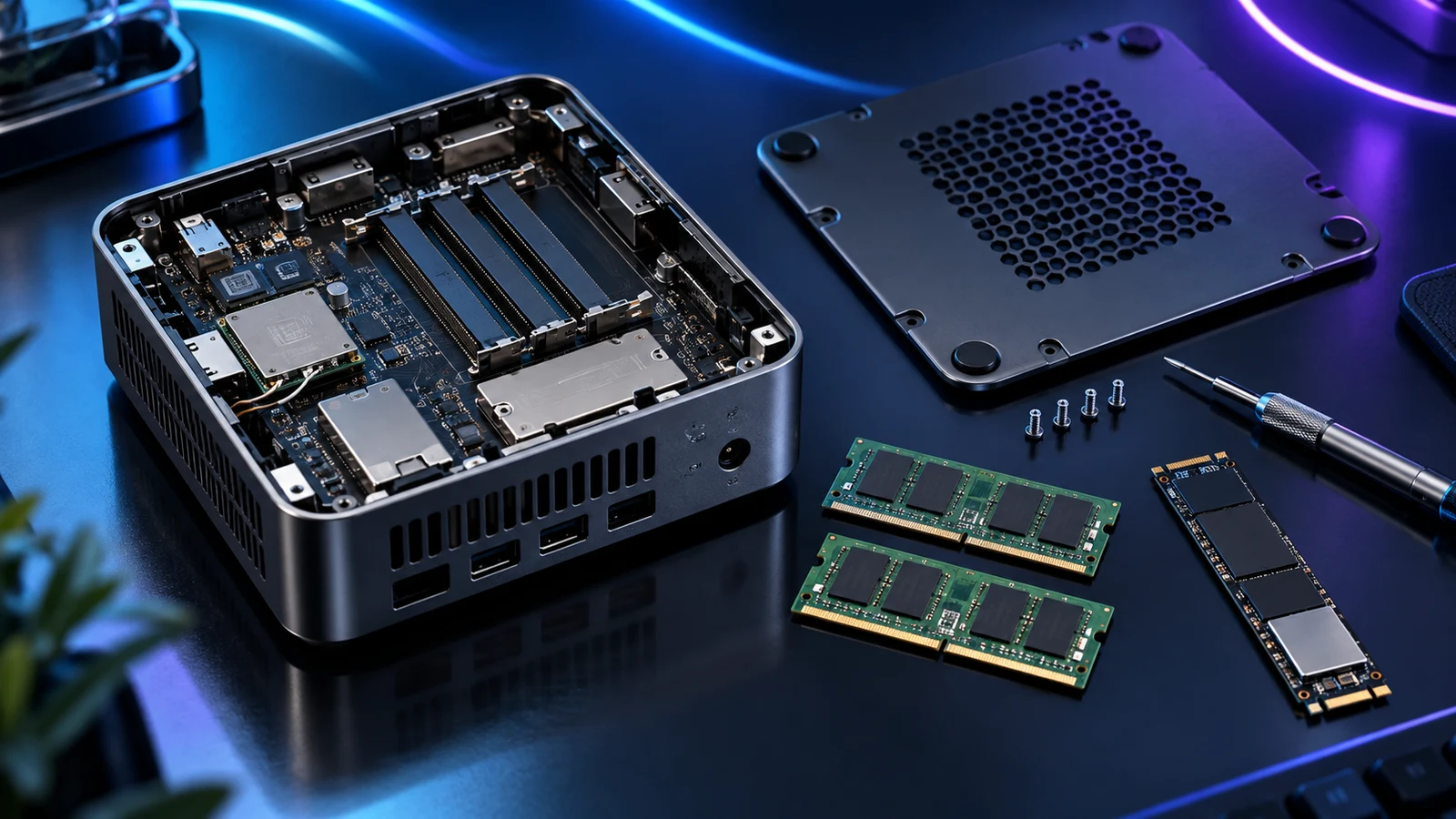 Illustration of a mini PC service cover, laptop memory modules and an M.2 SSD